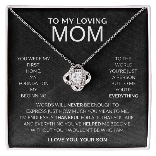"To My Loving Mom" Love Knot Necklace – Gift from Son | Meaningful Jewelry for Mother's Day, Birthday, or Just Because
