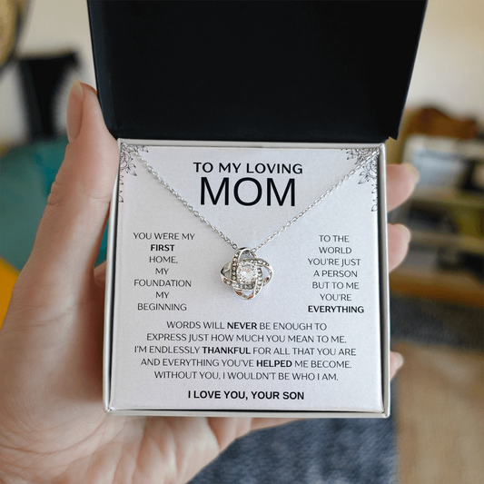 "To My Loving Mom" Love Knot Necklace – Gift from Son | Meaningful Jewelry for Mother's Day, Birthday, or Just Because