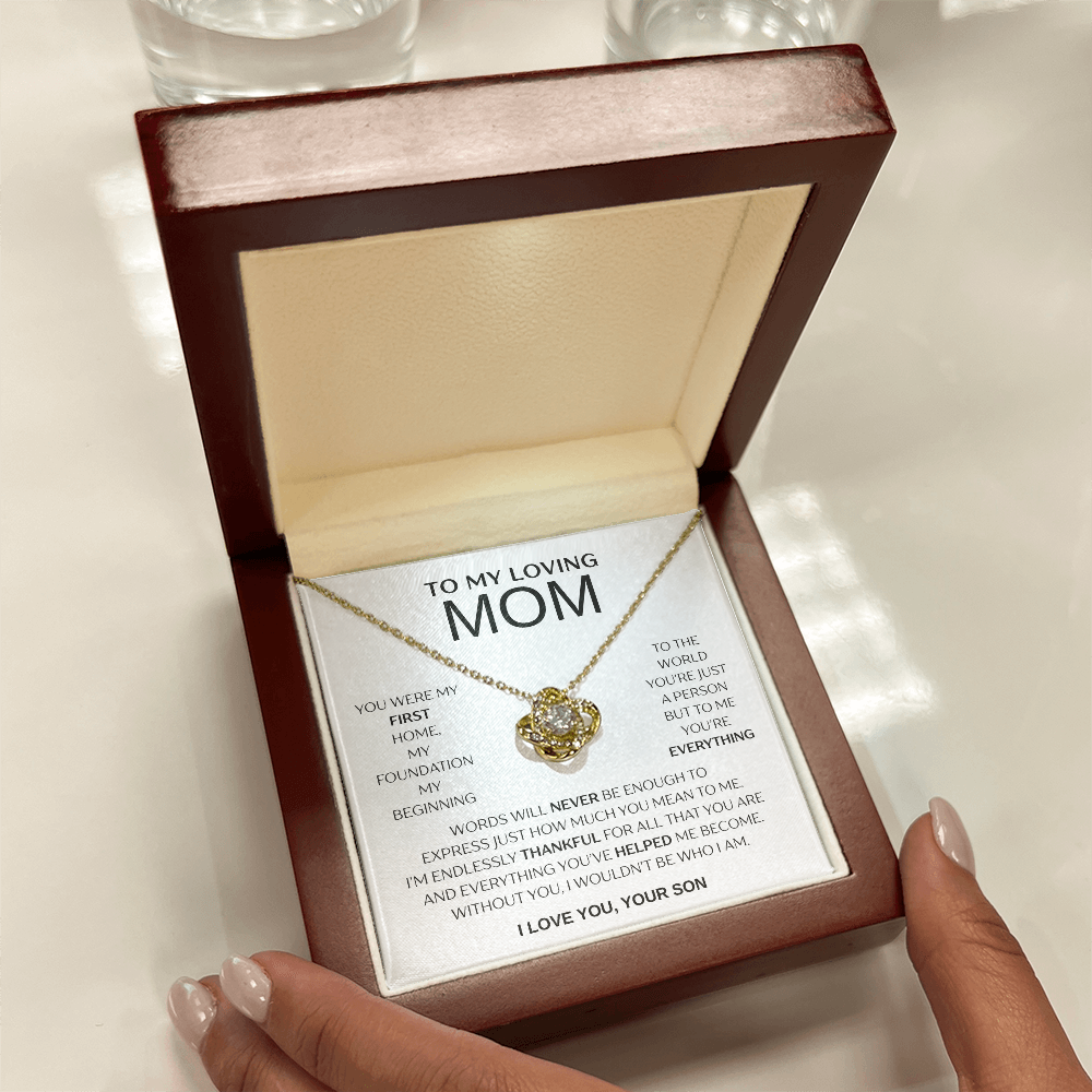 "To My Loving Mom" Love Knot Necklace – Gift from Son | Meaningful Jewelry for Mother's Day, Birthday, or Just Because