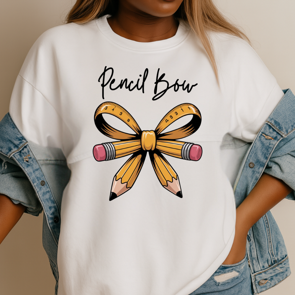 Vibrant Pencil Bow Teacher Tee, Cute Teacher Shirt, Back to School Tee, Teacher Gift Idea, Creative Educator Tee, Teacher Appreciation