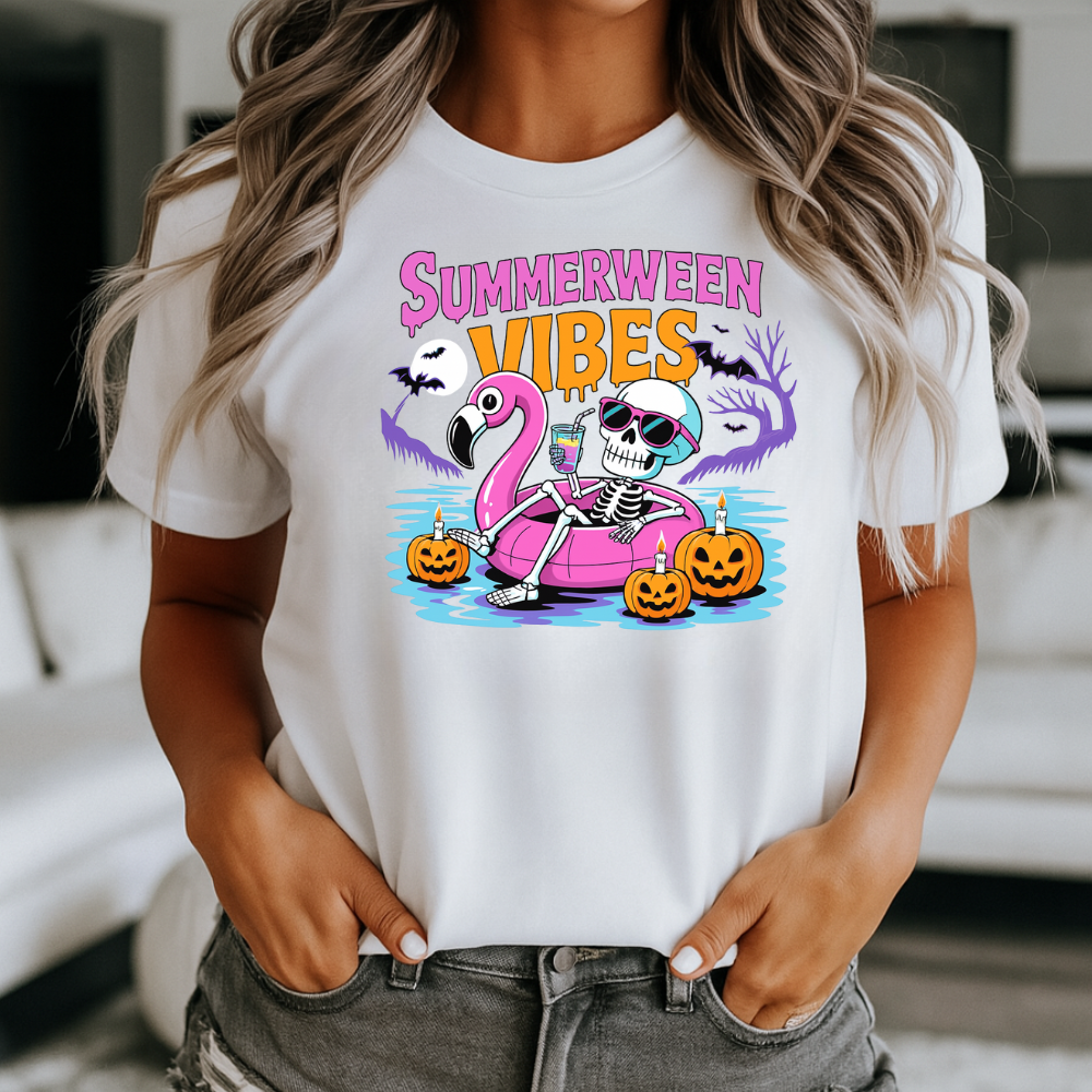 Spooky Summerween Vibes Tee – Skeleton Pool Party Flamingo Shirt | Halloween Beach Shirt – Summerween Skeleton Floating on Flamingo