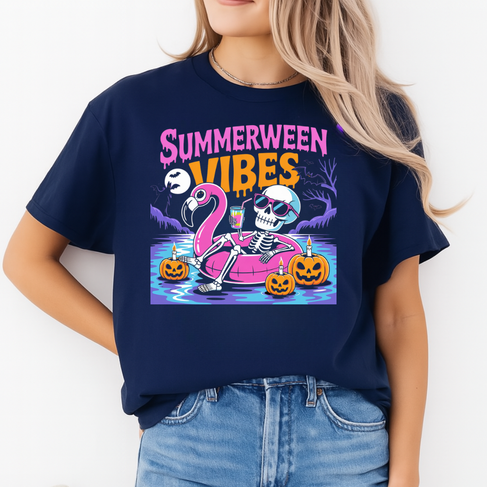 Spooky Summerween Vibes Tee – Skeleton Pool Party Flamingo Shirt | Halloween Beach Shirt – Summerween Skeleton Floating on Flamingo