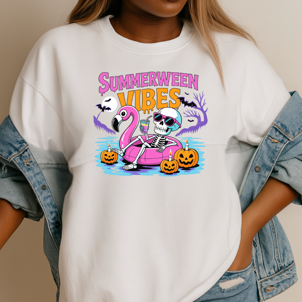 Spooky Summerween Vibes Tee – Skeleton Pool Party Flamingo Shirt | Halloween Beach Shirt – Summerween Skeleton Floating on Flamingo