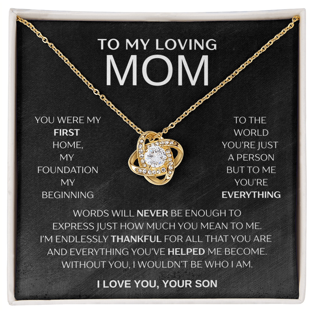 "To My Loving Mom" Love Knot Necklace – Gift from Son | Meaningful Jewelry for Mother's Day, Birthday, or Just Because