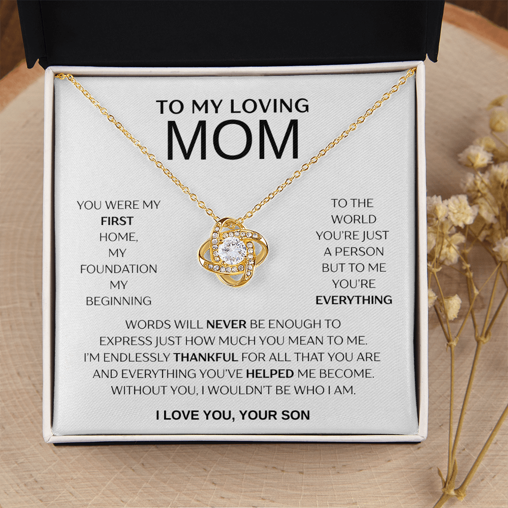 "To My Loving Mom" Love Knot Necklace – Gift from Son | Meaningful Jewelry for Mother's Day, Birthday, or Just Because