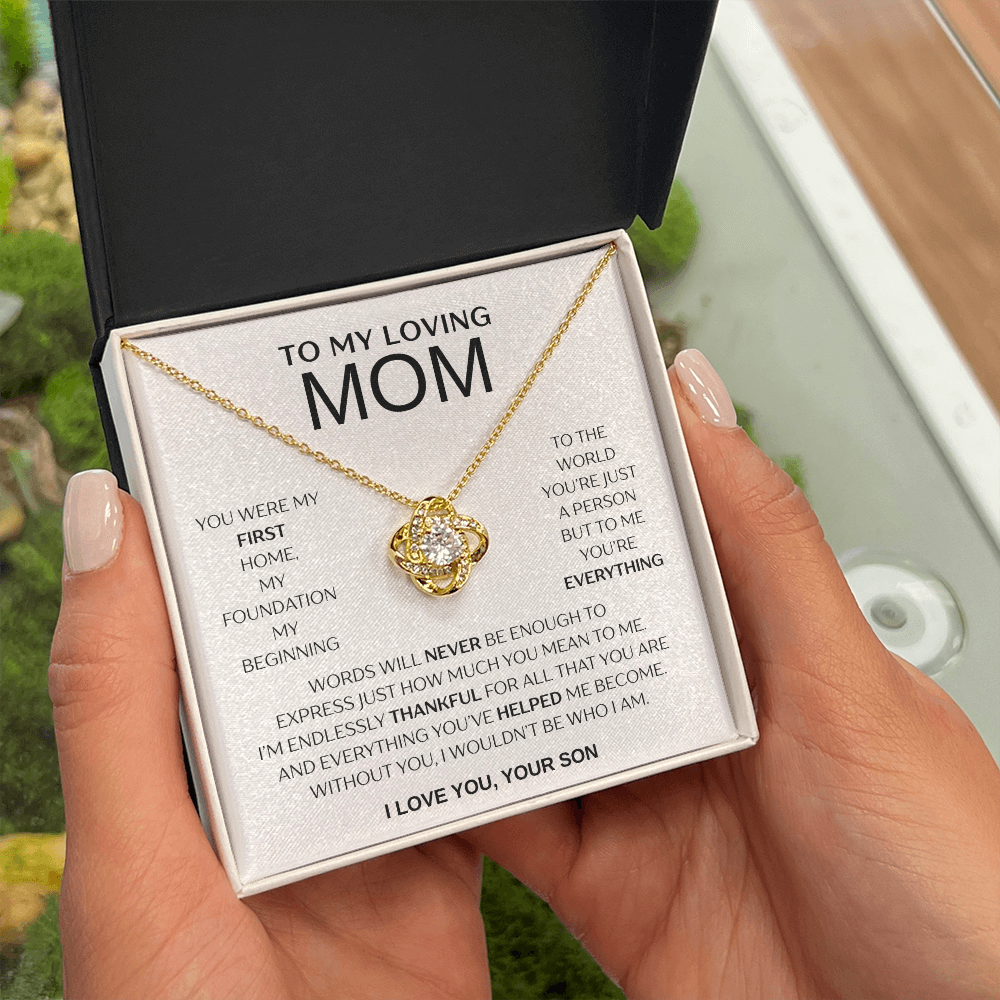"To My Loving Mom" Love Knot Necklace – Gift from Son | Meaningful Jewelry for Mother's Day, Birthday, or Just Because