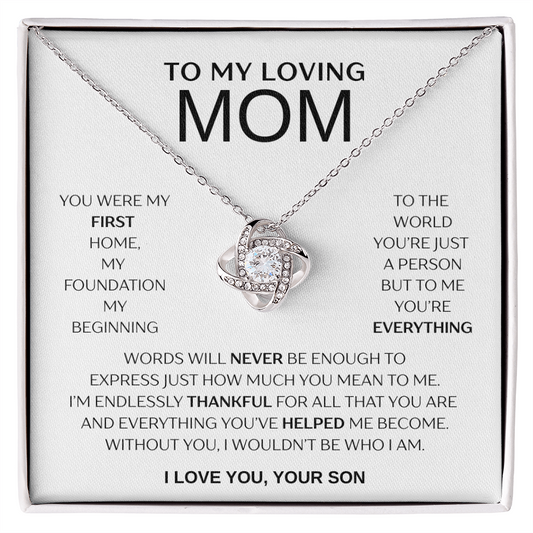 "To My Loving Mom" Love Knot Necklace – Gift from Son | Meaningful Jewelry for Mother's Day, Birthday, or Just Because