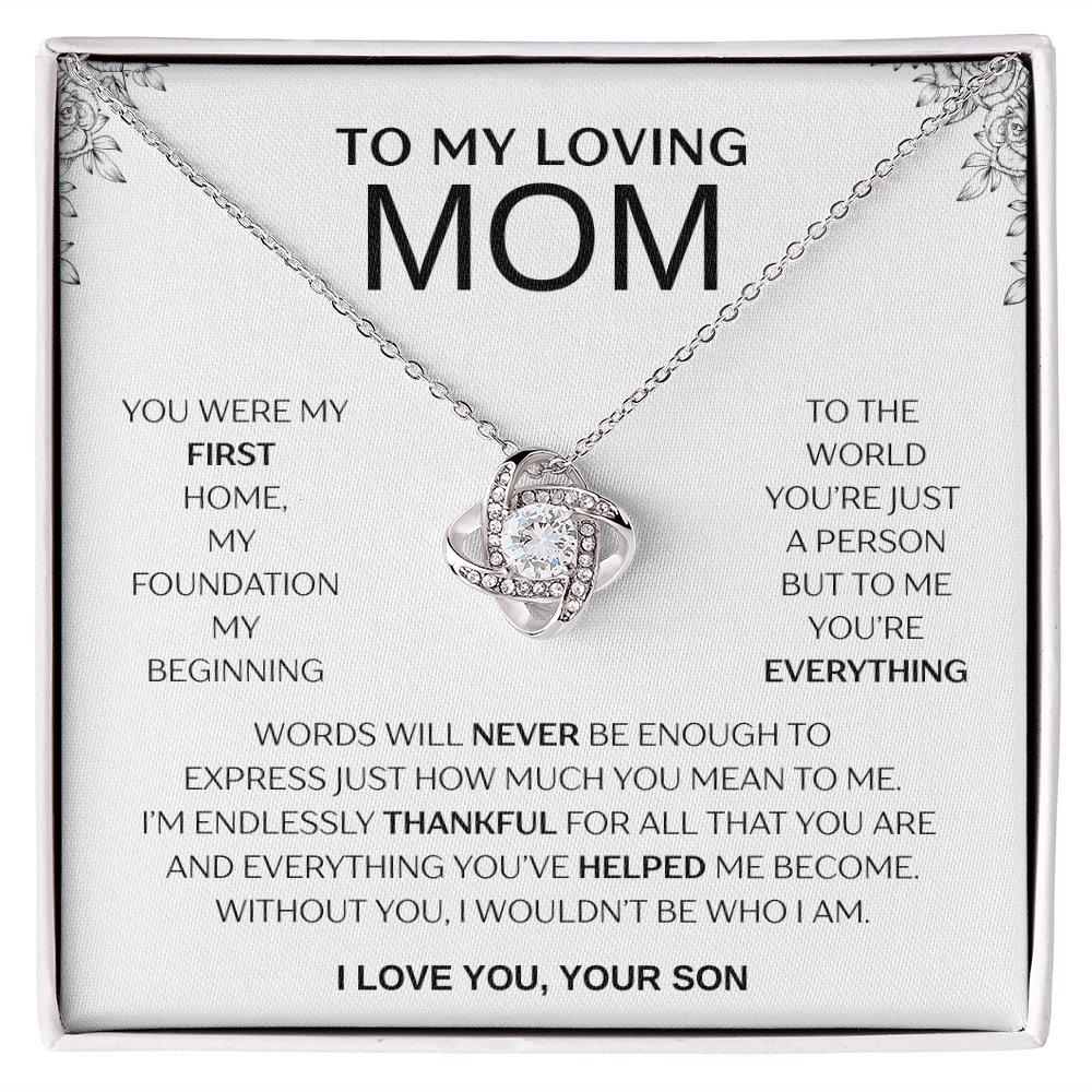 "To My Loving Mom" Love Knot Necklace – Gift from Son | Meaningful Jewelry for Mother's Day, Birthday, or Just Because