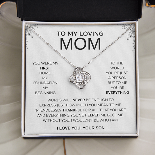 "To My Loving Mom" Love Knot Necklace – Gift from Son | Meaningful Jewelry for Mother's Day, Birthday, or Just Because