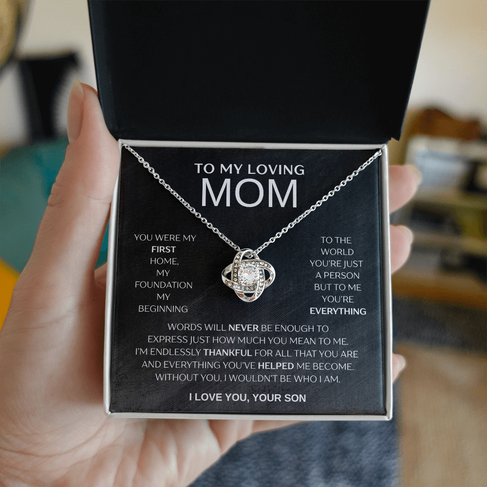 "To My Loving Mom" Love Knot Necklace – Gift from Son | Meaningful Jewelry for Mother's Day, Birthday, or Just Because