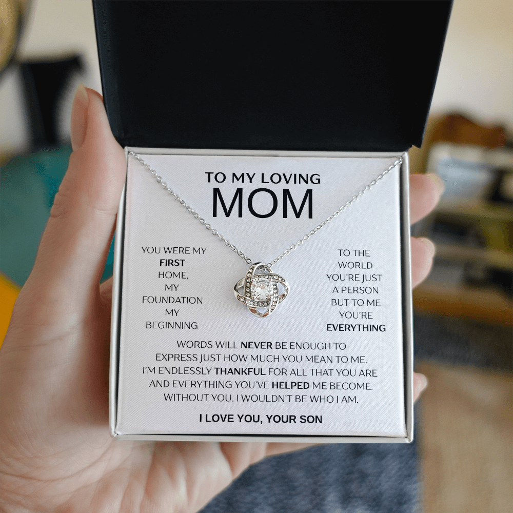 "To My Loving Mom" Love Knot Necklace – Gift from Son | Meaningful Jewelry for Mother's Day, Birthday, or Just Because