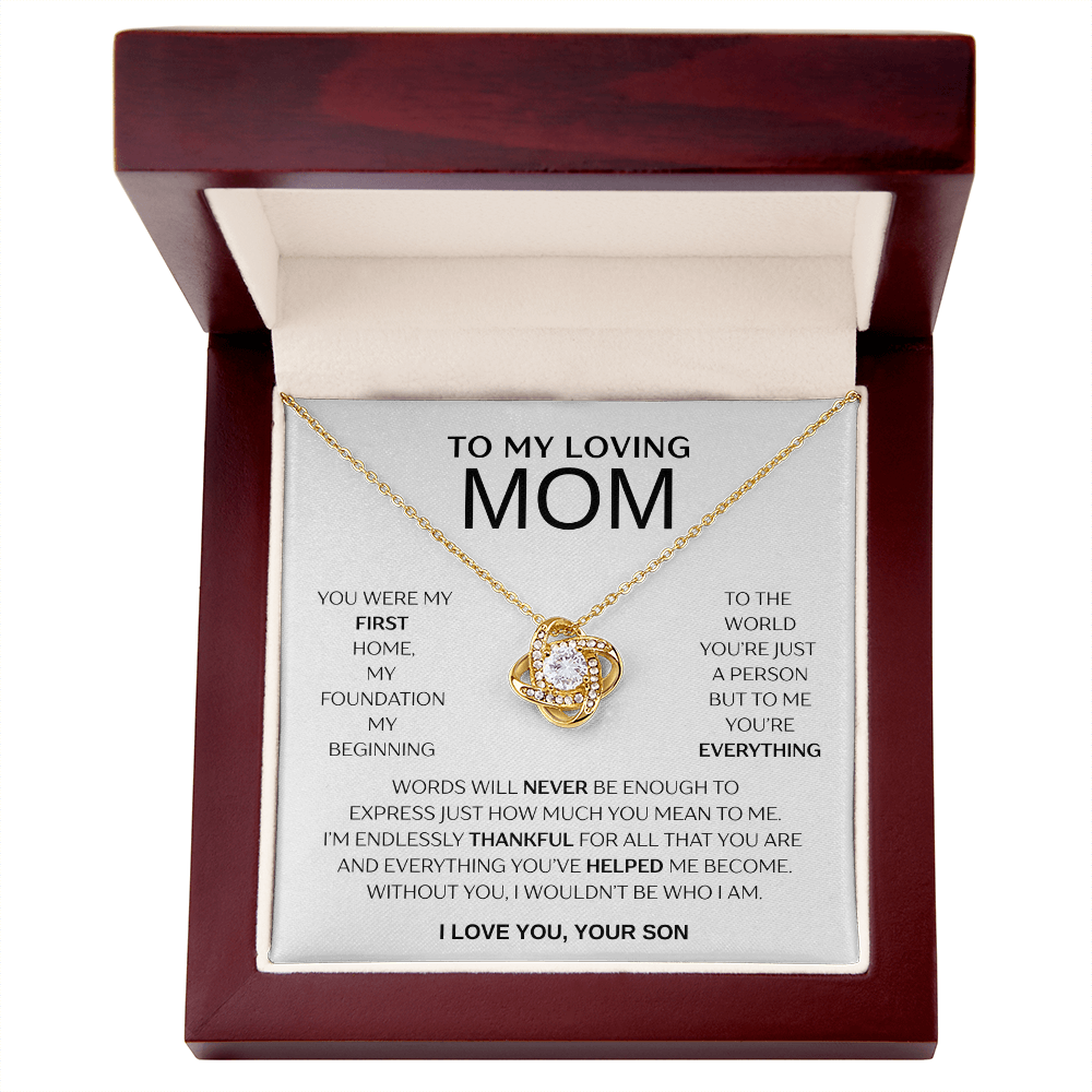 "To My Loving Mom" Love Knot Necklace – Gift from Son | Meaningful Jewelry for Mother's Day, Birthday, or Just Because