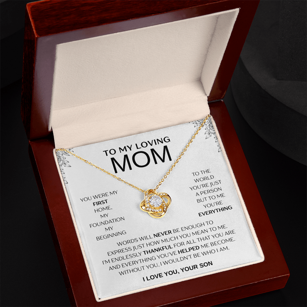 "To My Loving Mom" Love Knot Necklace – Gift from Son | Meaningful Jewelry for Mother's Day, Birthday, or Just Because