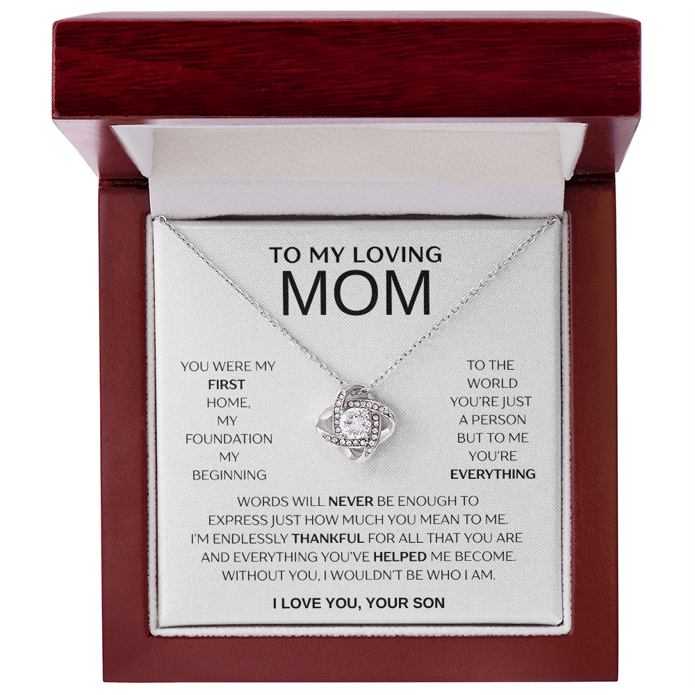 "To My Loving Mom" Love Knot Necklace – Gift from Son | Meaningful Jewelry for Mother's Day, Birthday, or Just Because