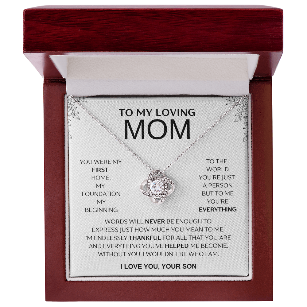"To My Loving Mom" Love Knot Necklace – Gift from Son | Meaningful Jewelry for Mother's Day, Birthday, or Just Because