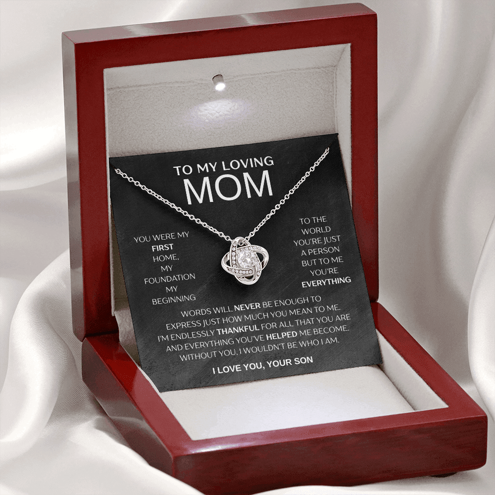 "To My Loving Mom" Love Knot Necklace – Gift from Son | Meaningful Jewelry for Mother's Day, Birthday, or Just Because