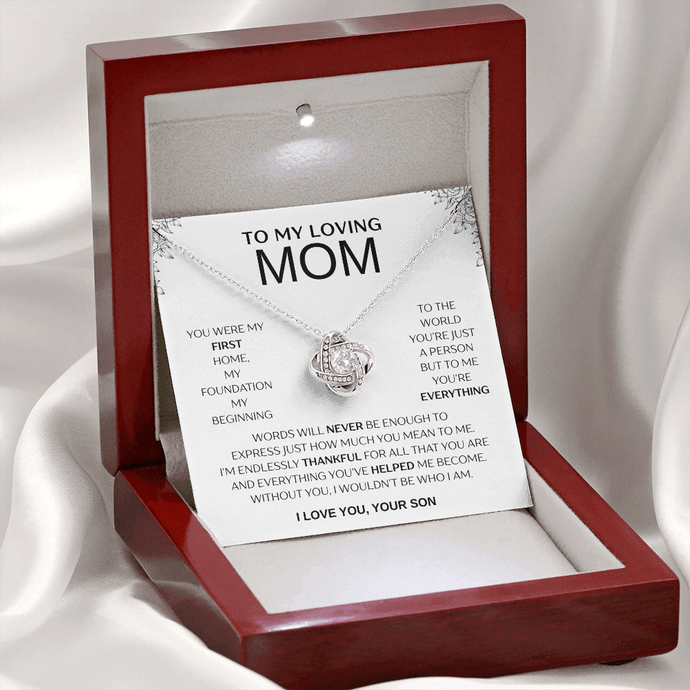 "To My Loving Mom" Love Knot Necklace – Gift from Son | Meaningful Jewelry for Mother's Day, Birthday, or Just Because