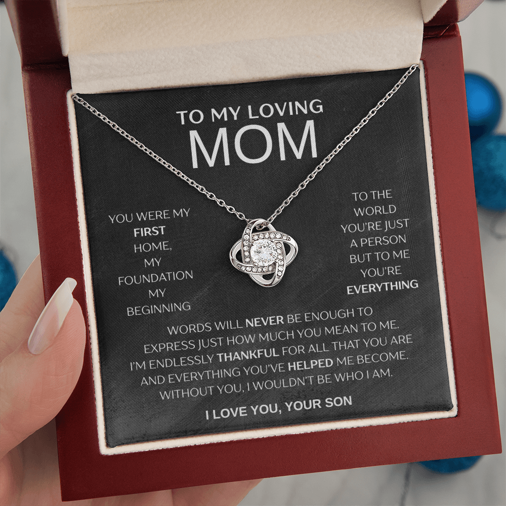 "To My Loving Mom" Love Knot Necklace – Gift from Son | Meaningful Jewelry for Mother's Day, Birthday, or Just Because
