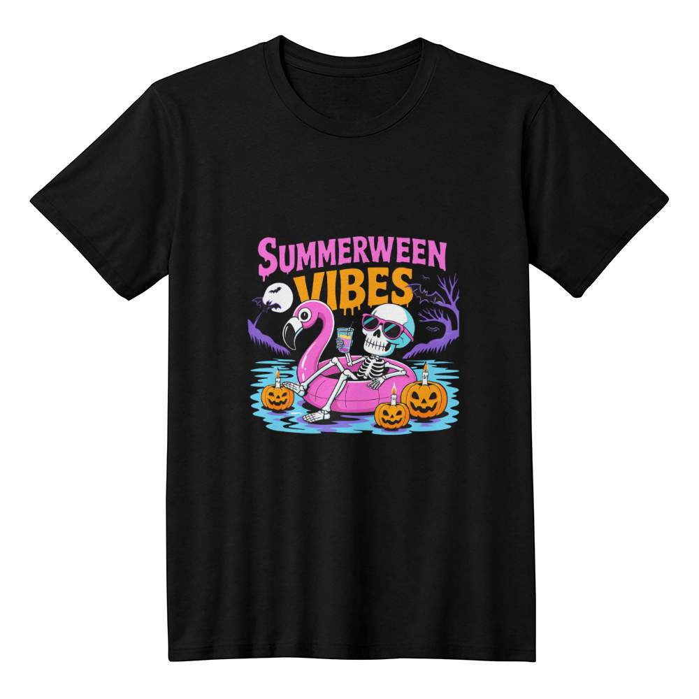 Spooky Summerween Vibes Tee – Skeleton Pool Party Flamingo Shirt | Halloween Beach Shirt – Summerween Skeleton Floating on Flamingo