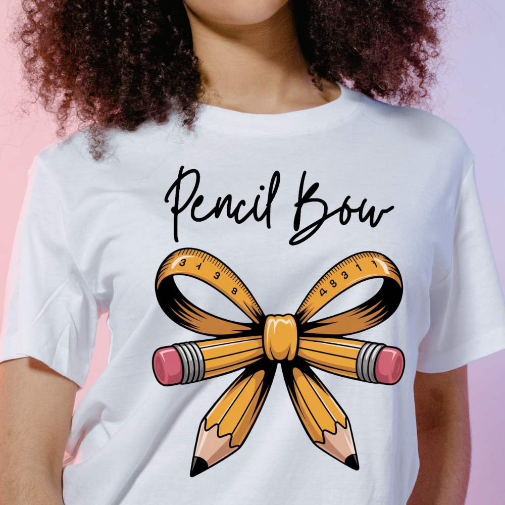 Vibrant Pencil Bow Teacher Tee, Cute Teacher Shirt, Back to School Tee, Teacher Gift Idea, Creative Educator Tee, Teacher Appreciation
