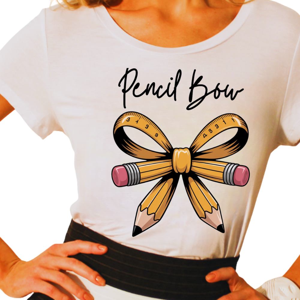 Vibrant Pencil Bow Teacher Tee, Cute Teacher Shirt, Back to School Tee, Teacher Gift Idea, Creative Educator Tee, Teacher Appreciation